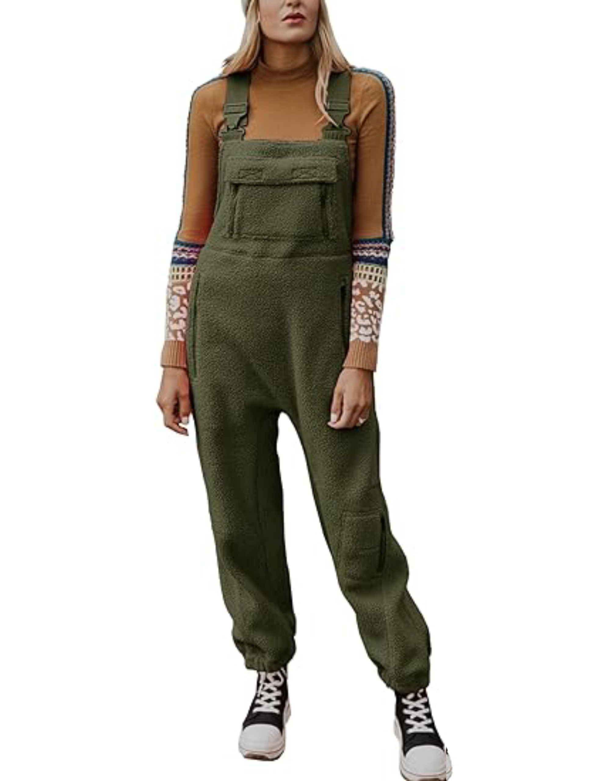 Women's Fleece Warm Overalls Loose Casual Jumpsuits 