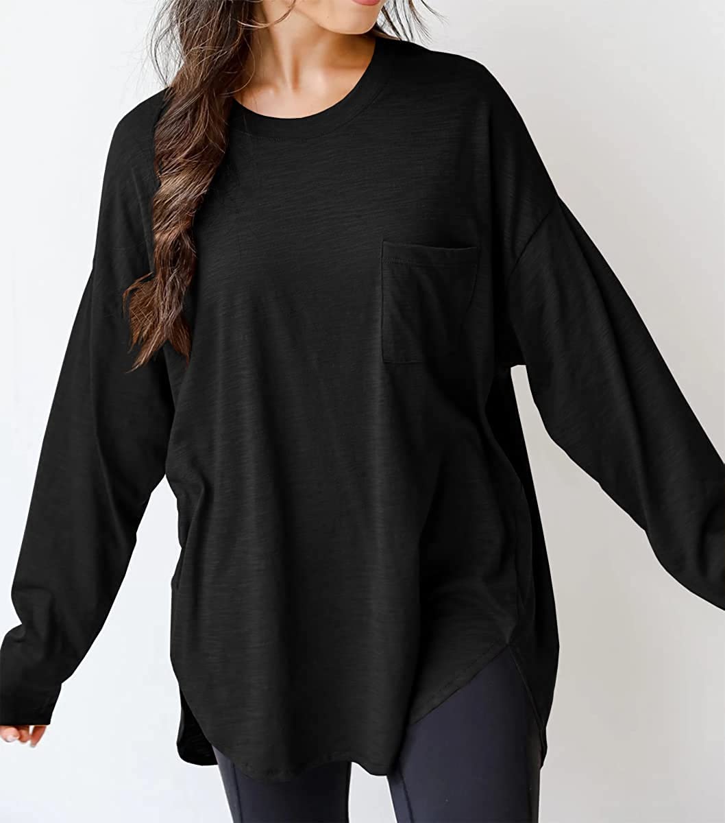 Cotton casual crew neck oversized long sleeve t-shirt top with pockets