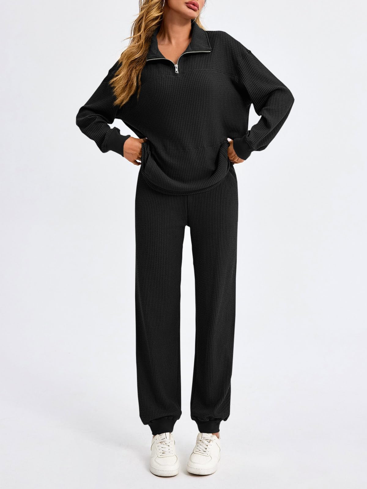 Women’s Waffle Knit Quarter Zip Tops and Jogger Pants 2 Piece Outfits(50% OFF today!!!)