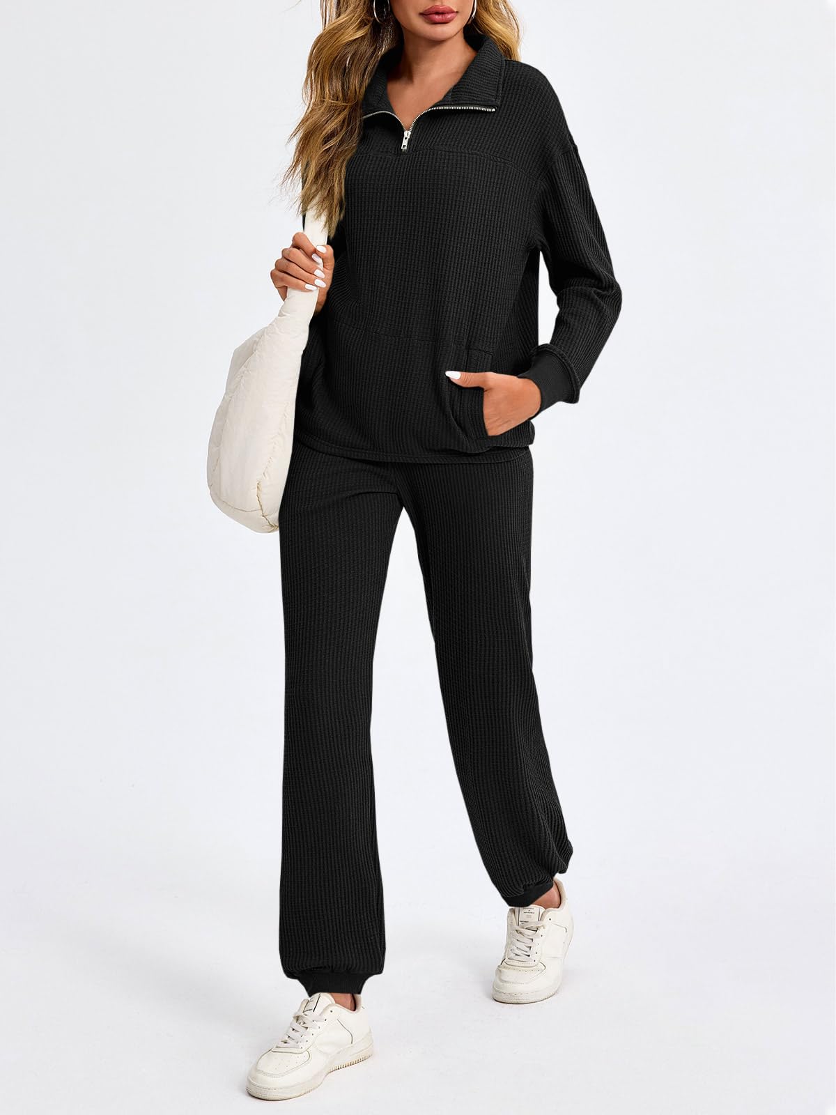 Women’s Waffle Knit Quarter Zip Tops and Jogger Pants 2 Piece Outfits(50% OFF today!!!)
