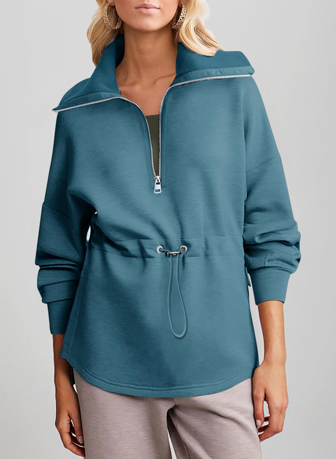 2024 New Women‘s Oversized Half Zip Drawstring Waist Sweatshirt(buy 2 10% OFF)