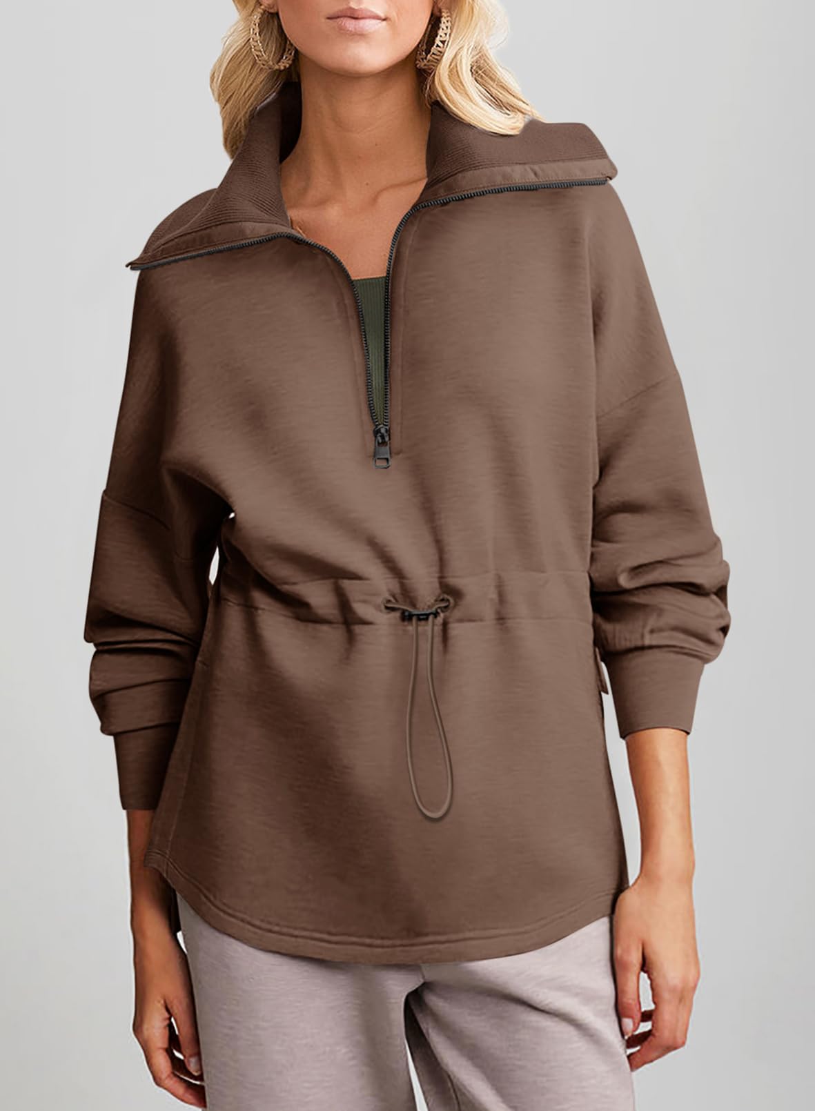 2024 New Women‘s Oversized Half Zip Drawstring Waist Sweatshirt(buy 2 10% OFF)