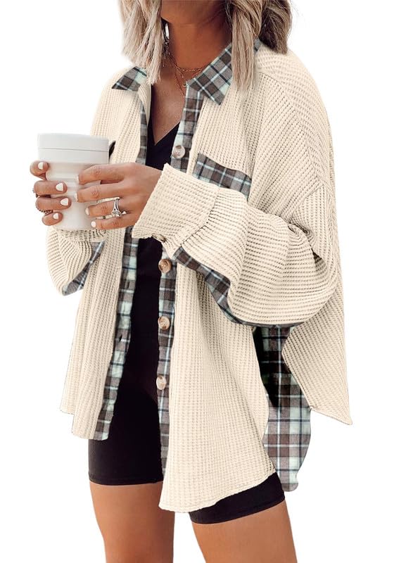 Waffle Button-Down Shirt Loose Long Sleeve Top（BUY 2 FREE SHIPPING）