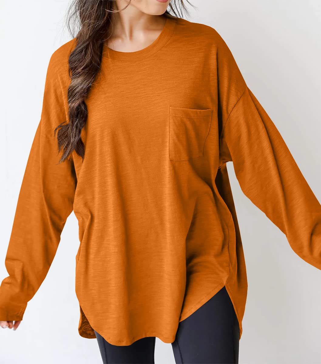 Cotton casual crew neck oversized long sleeve t-shirt top with pockets