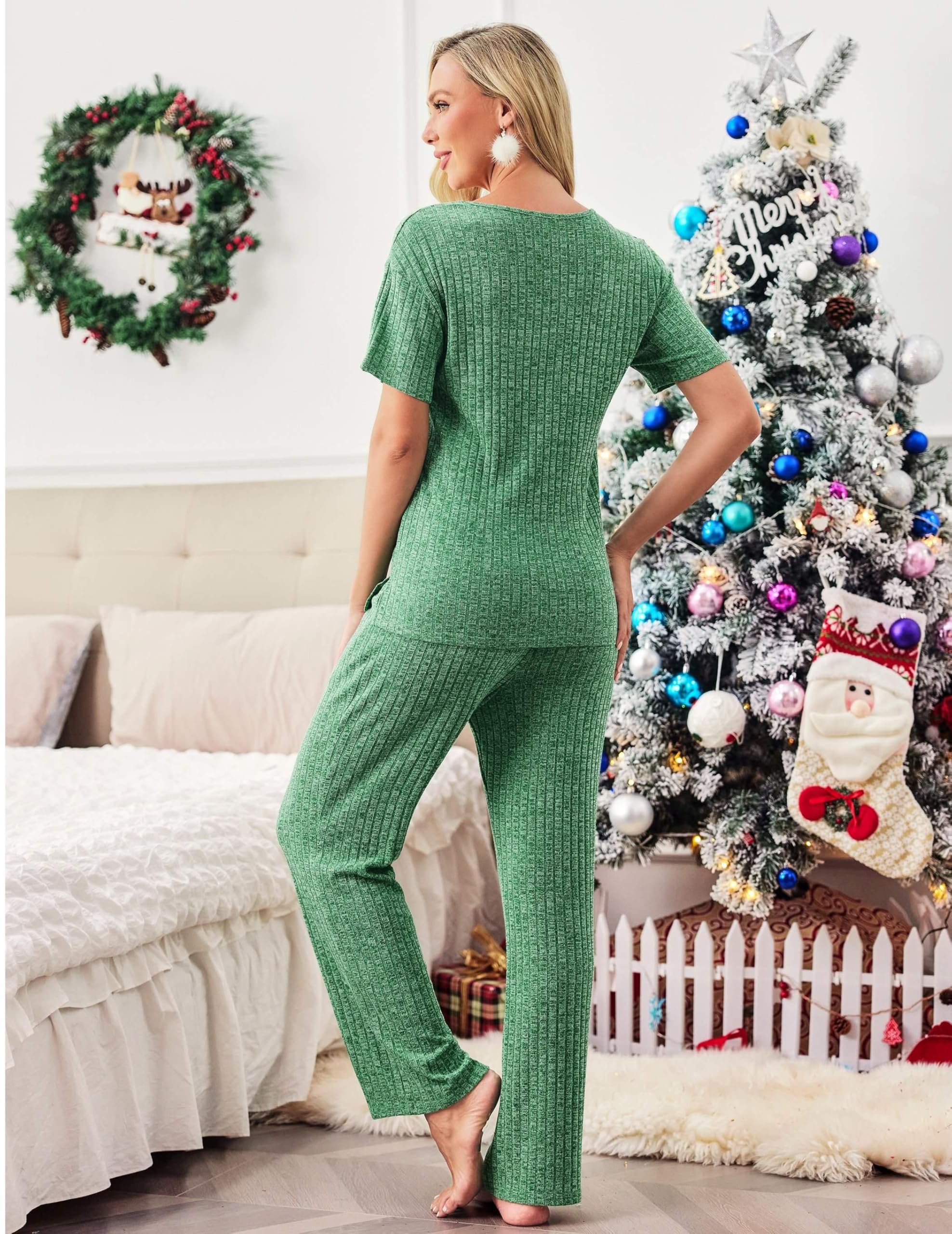 🔥Christmas hot🔥Women's Short Sleeve Ribbed Knit Lounge Set(Last day 50% OFF!!!)
