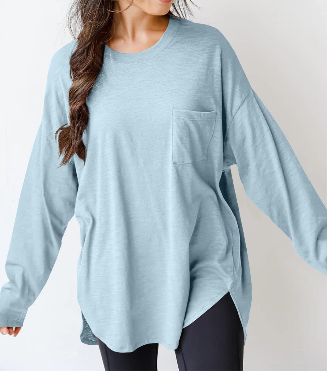 Cotton casual crew neck oversized long sleeve t-shirt top with pockets