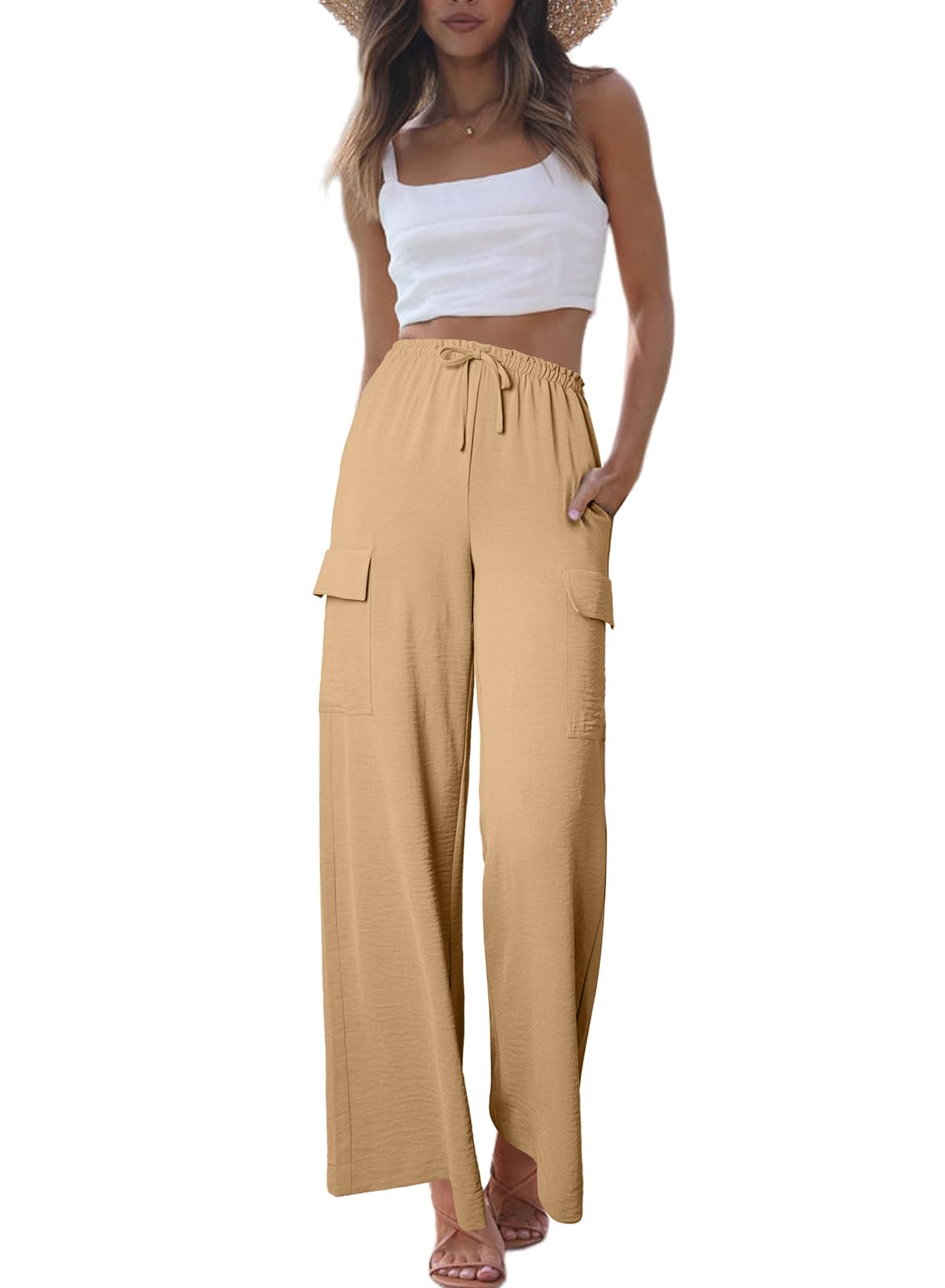 Women's Flowy Wide Leg Pants Drawstring Elastic Waist Loose Trousers with Pockets（BUY 2 FREE SHIPPING）