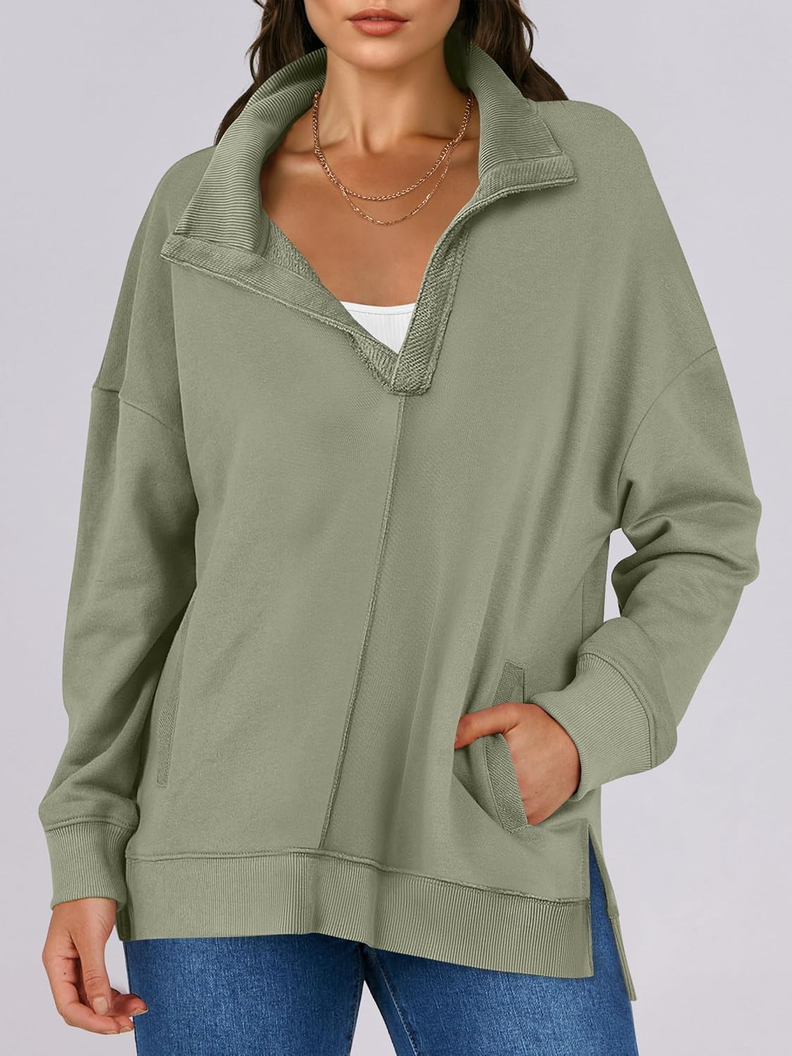 2024 Fall Women's Polo V Neck Split Tunic Pullover Sweatshirts with Pockets(buy 2 10% OFF)