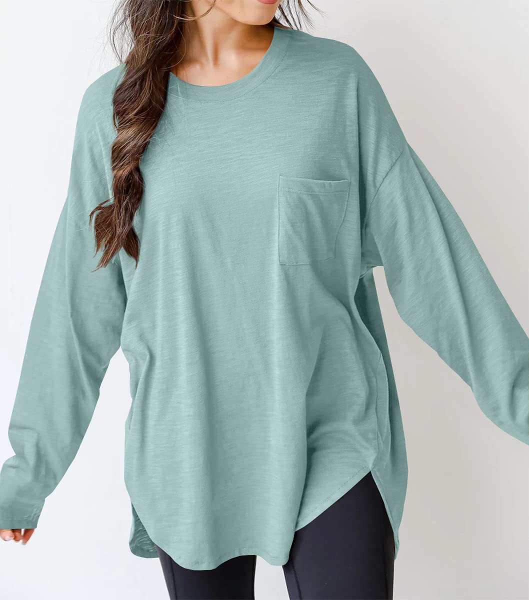 Cotton casual crew neck oversized long sleeve t-shirt top with pockets