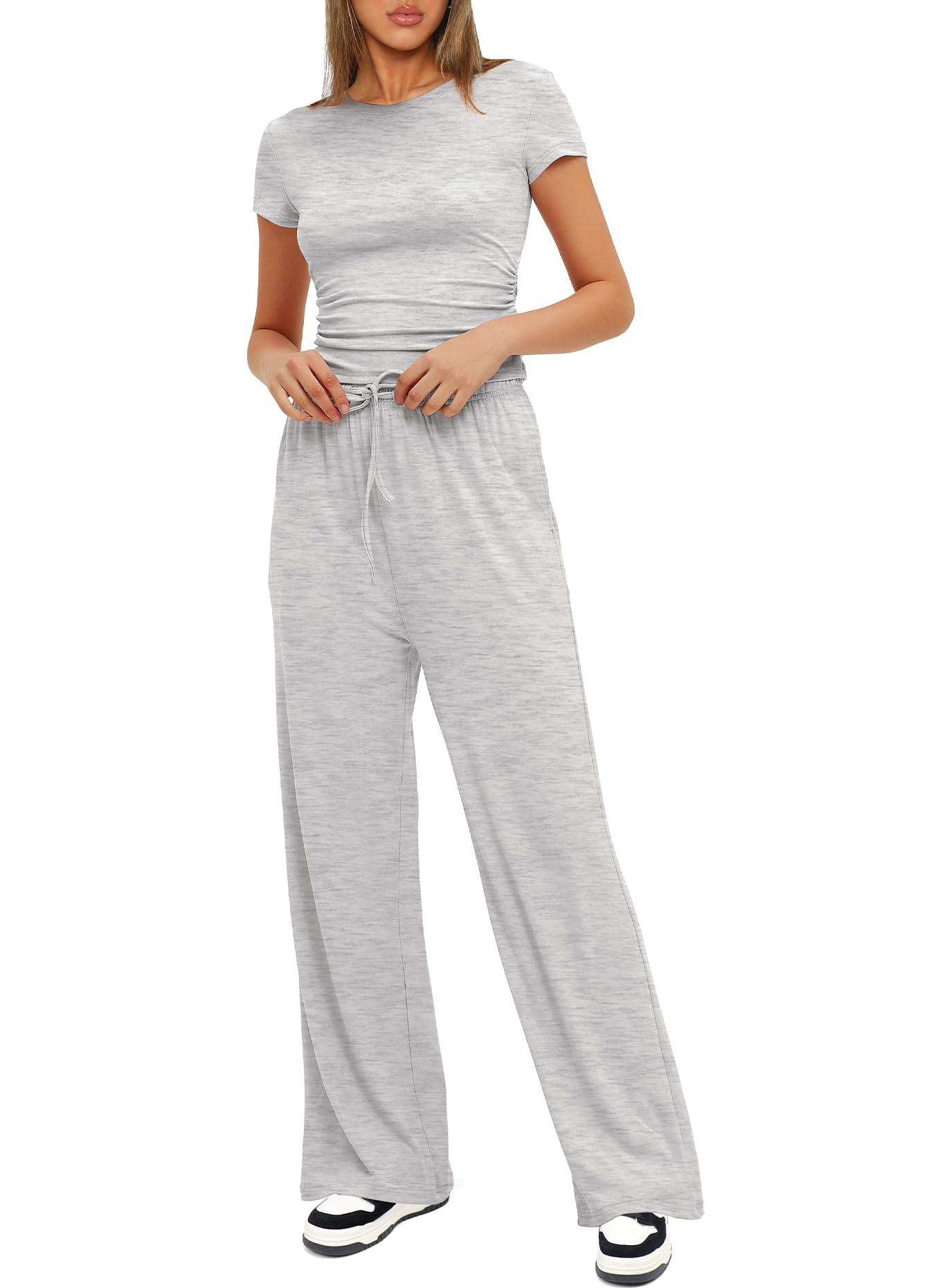 Women's 2 Piece Outfits Lounge Sets Ruched Short Sleeve Tops and High Waisted Casual Pants(Buy 2 Free Shipping)