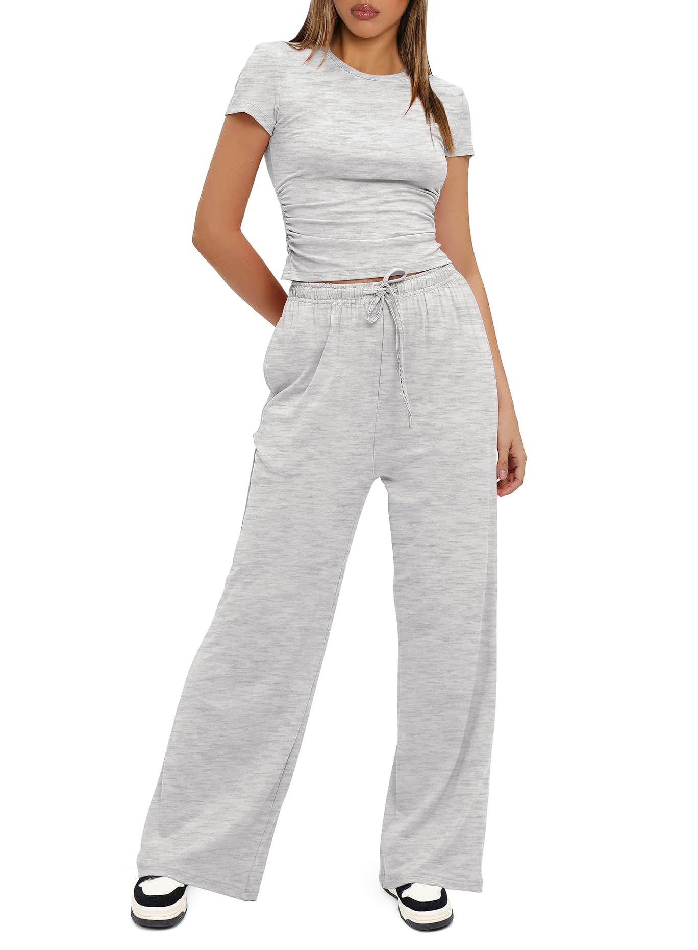 Women's 2 Piece Outfits Lounge Sets Ruched Short Sleeve Tops and High Waisted Casual Pants(Buy 2 Free Shipping)