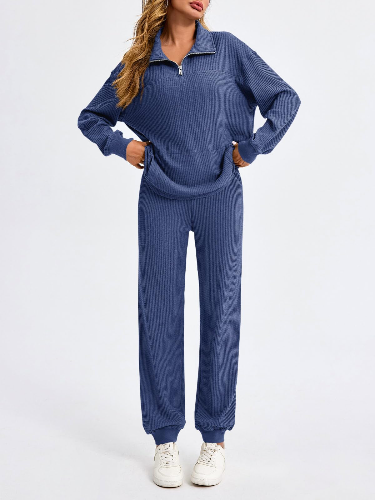 Women’s Waffle Knit Quarter Zip Tops and Jogger Pants 2 Piece Outfits(50% OFF today!!!)