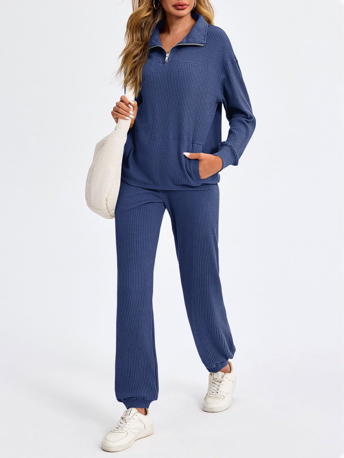 Women’s Waffle Knit Quarter Zip Tops and Jogger Pants 2 Piece Outfits(50% OFF today!!!)