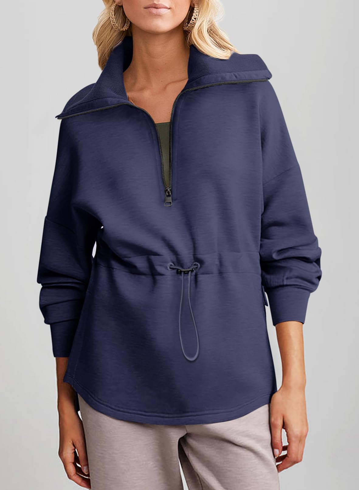 2024 New Women‘s Oversized Half Zip Drawstring Waist Sweatshirt(buy 2 10% OFF)