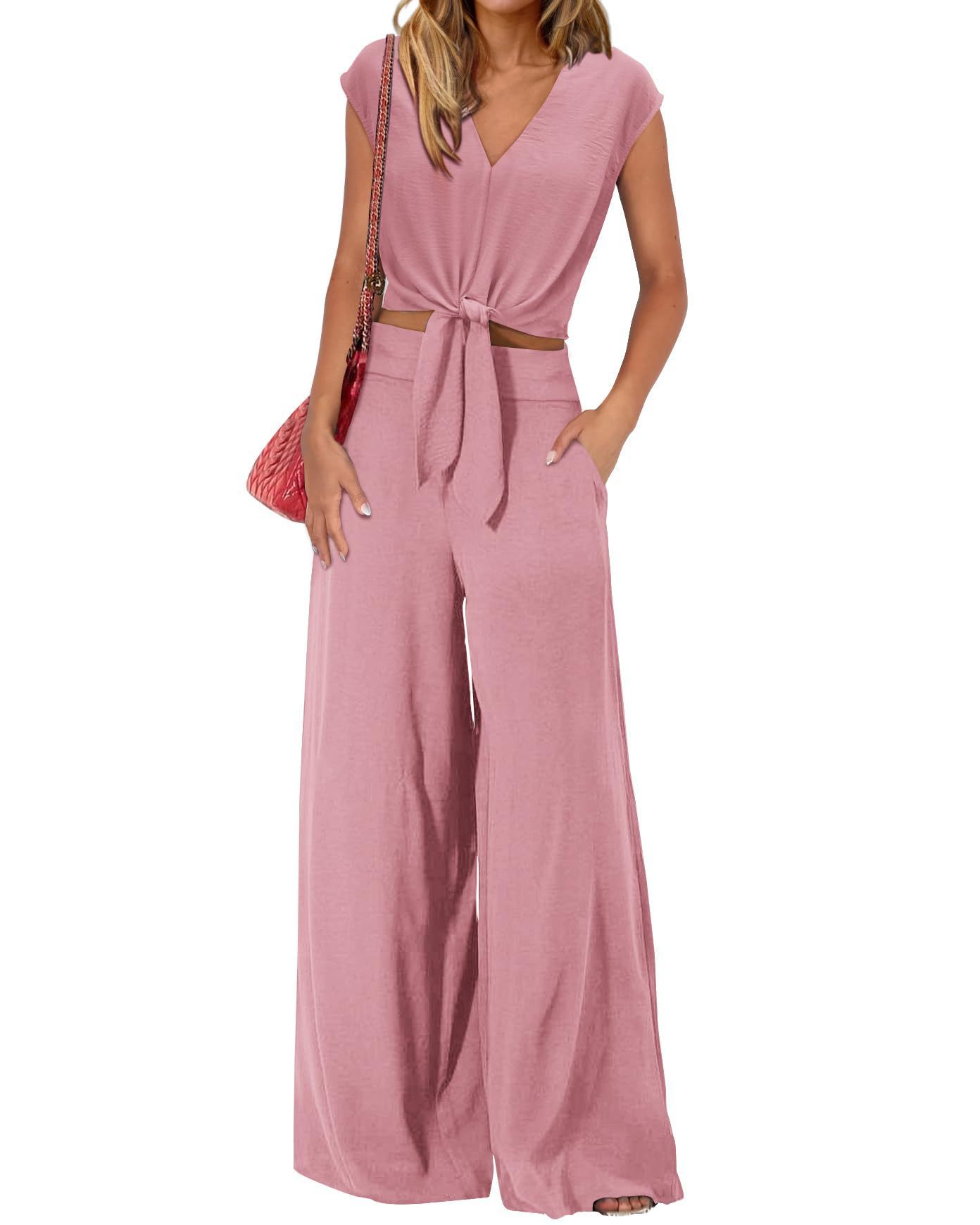 🔥🔥 2024 Women's Summer Cap Sleeve V Neck Drawstring Cropped Top Wide Leg Pants Suit