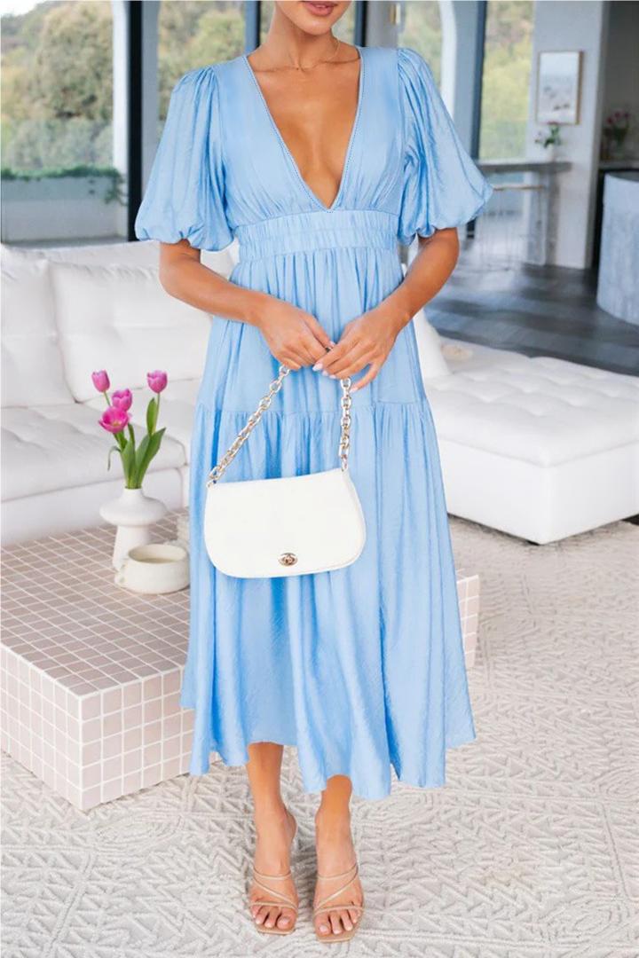 Summer Causal Dress Puff Sleeve A-line Flowy Tiered Midi Dresses(BUY 2 FREE SHIPPING)