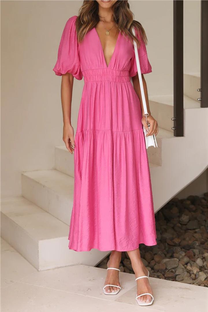 Summer Causal Dress Puff Sleeve A-line Flowy Tiered Midi Dresses(BUY 2 FREE SHIPPING)