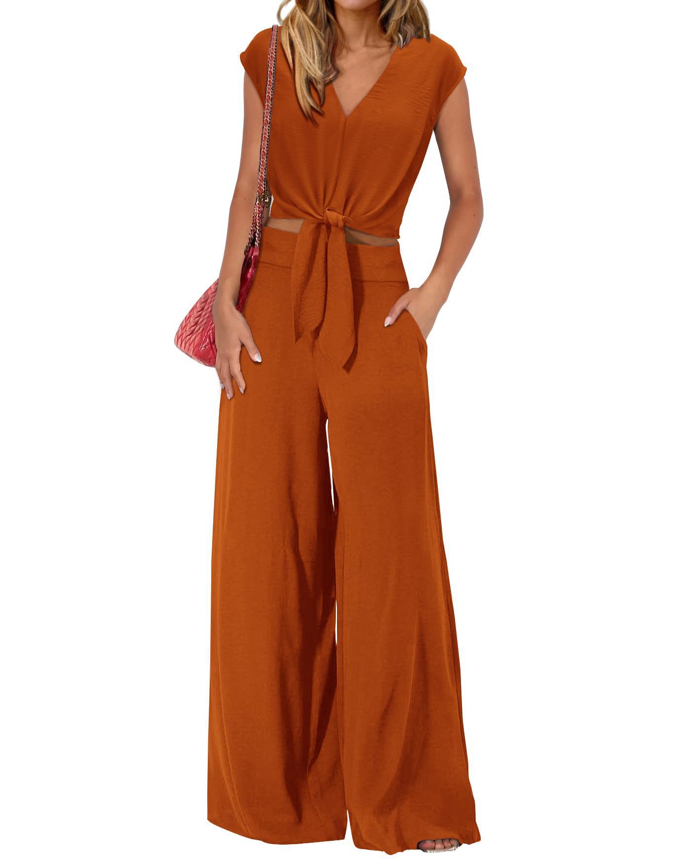 🔥🔥 2024 Women's Summer Cap Sleeve V Neck Drawstring Cropped Top Wide Leg Pants Suit