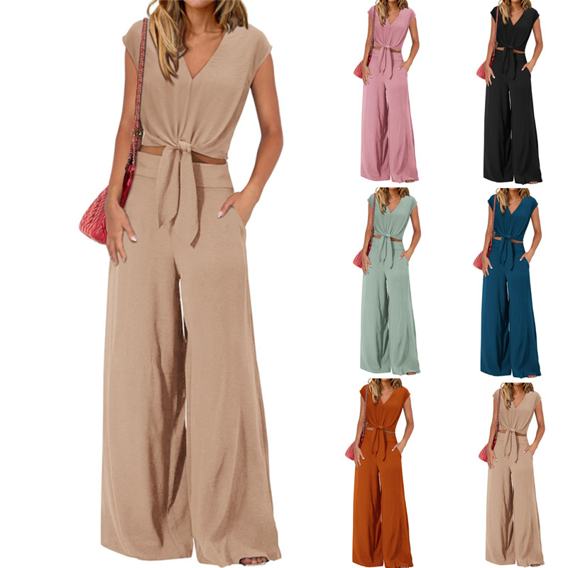 🔥🔥 2024 Women's Summer Cap Sleeve V Neck Drawstring Cropped Top Wide Leg Pants Suit
