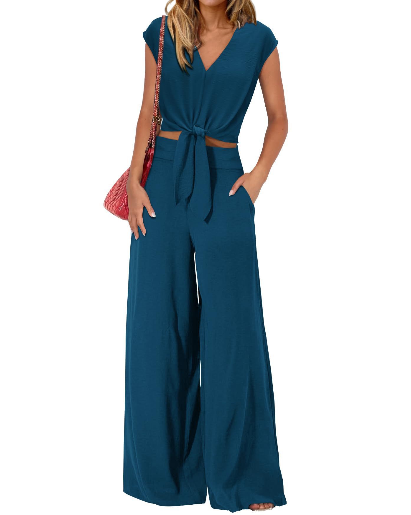 🔥🔥 2024 Women's Summer Cap Sleeve V Neck Drawstring Cropped Top Wide Leg Pants Suit