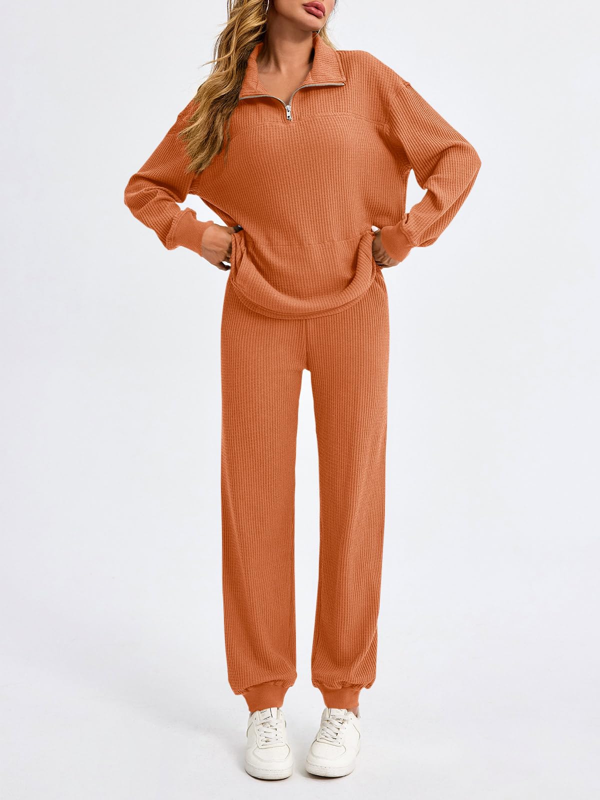 Women’s Waffle Knit Quarter Zip Tops and Jogger Pants 2 Piece Outfits(50% OFF today!!!)