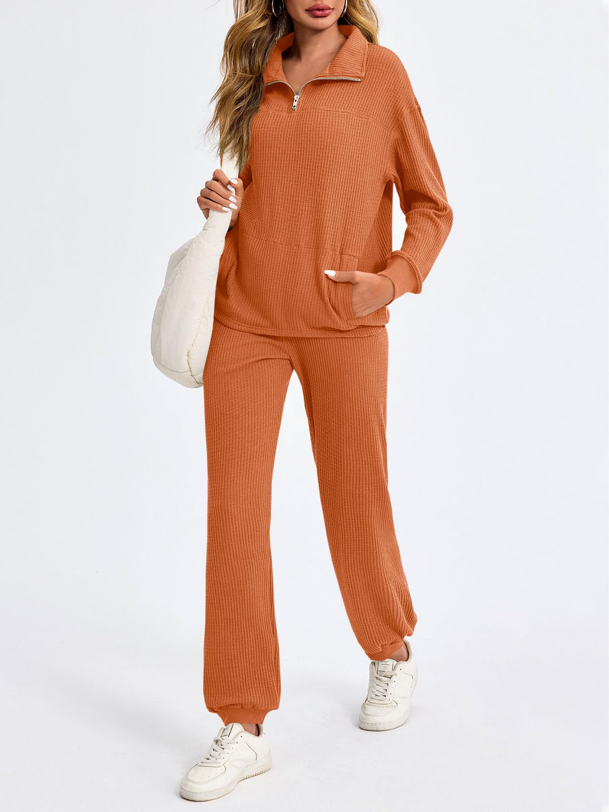 Women’s Waffle Knit Quarter Zip Tops and Jogger Pants 2 Piece Outfits(50% OFF today!!!)