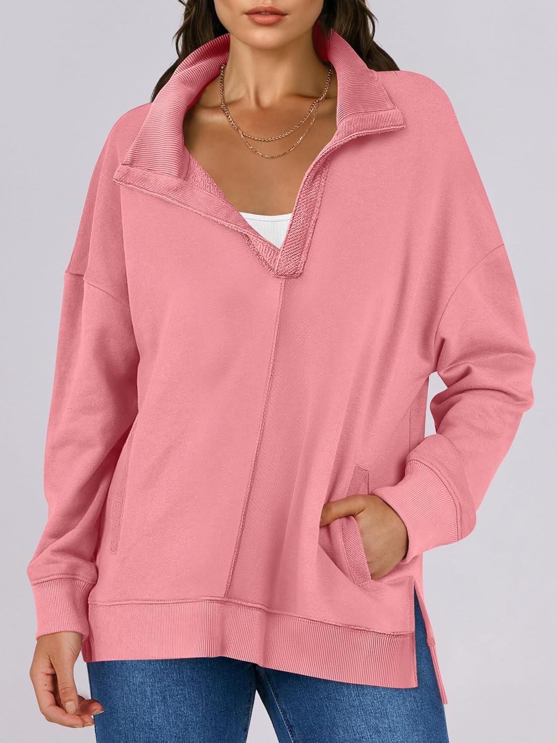 2024 Fall Women's Polo V Neck Split Tunic Pullover Sweatshirts with Pockets(buy 2 10% OFF)