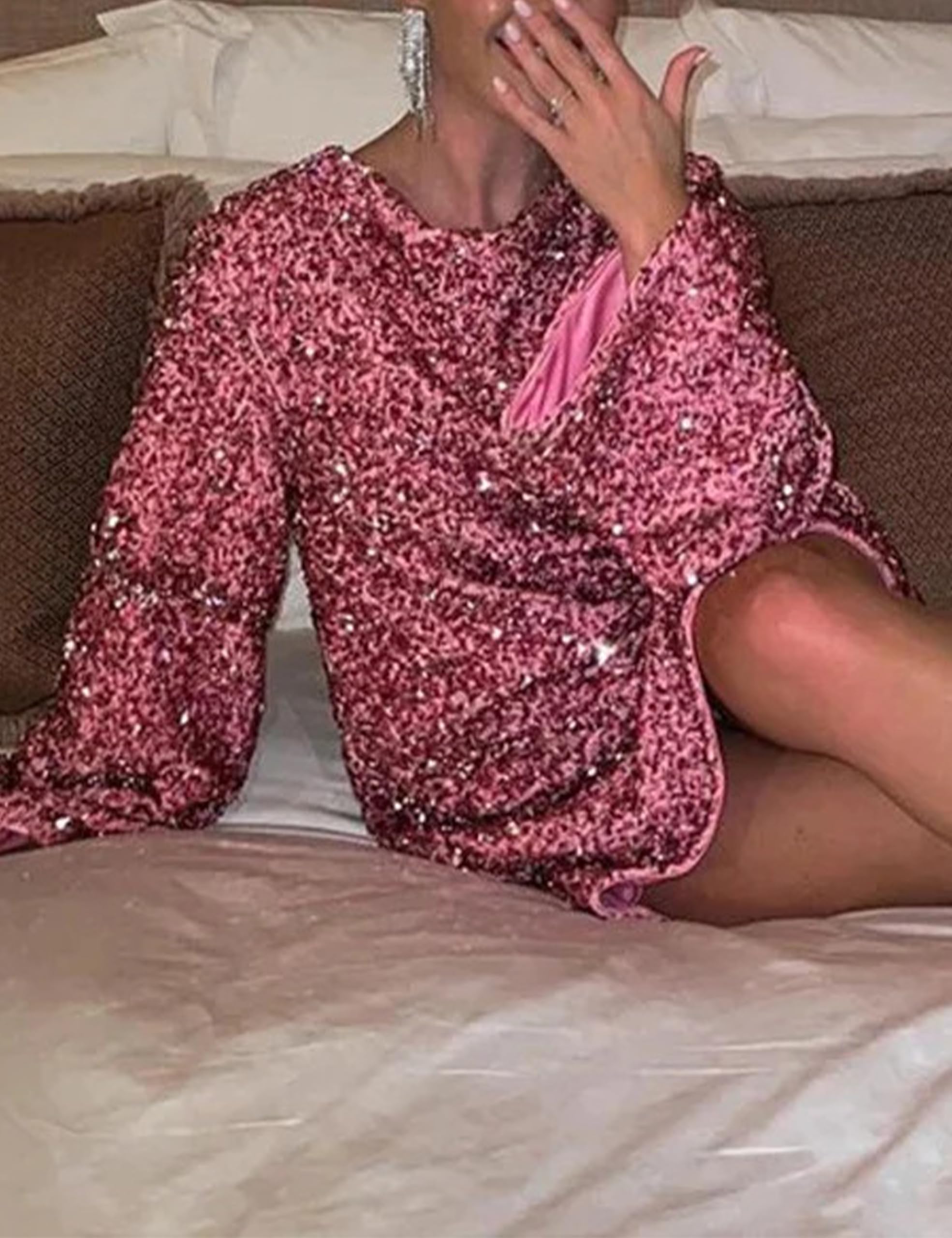 WOMEN'S SEQUIN BACK TIE UP BOW LOOSE MINI DRESS(BUY 2 FREE SHIPPING)