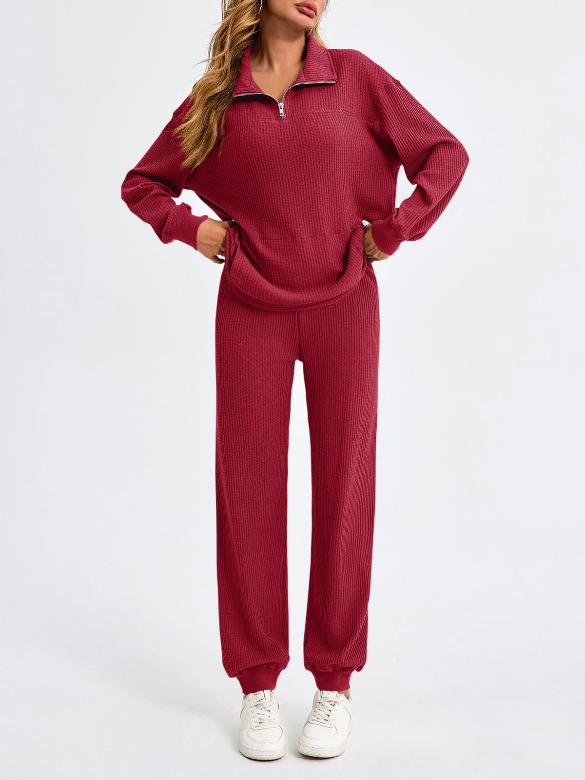 Women’s Waffle Knit Quarter Zip Tops and Jogger Pants 2 Piece Outfits(50% OFF today!!!)