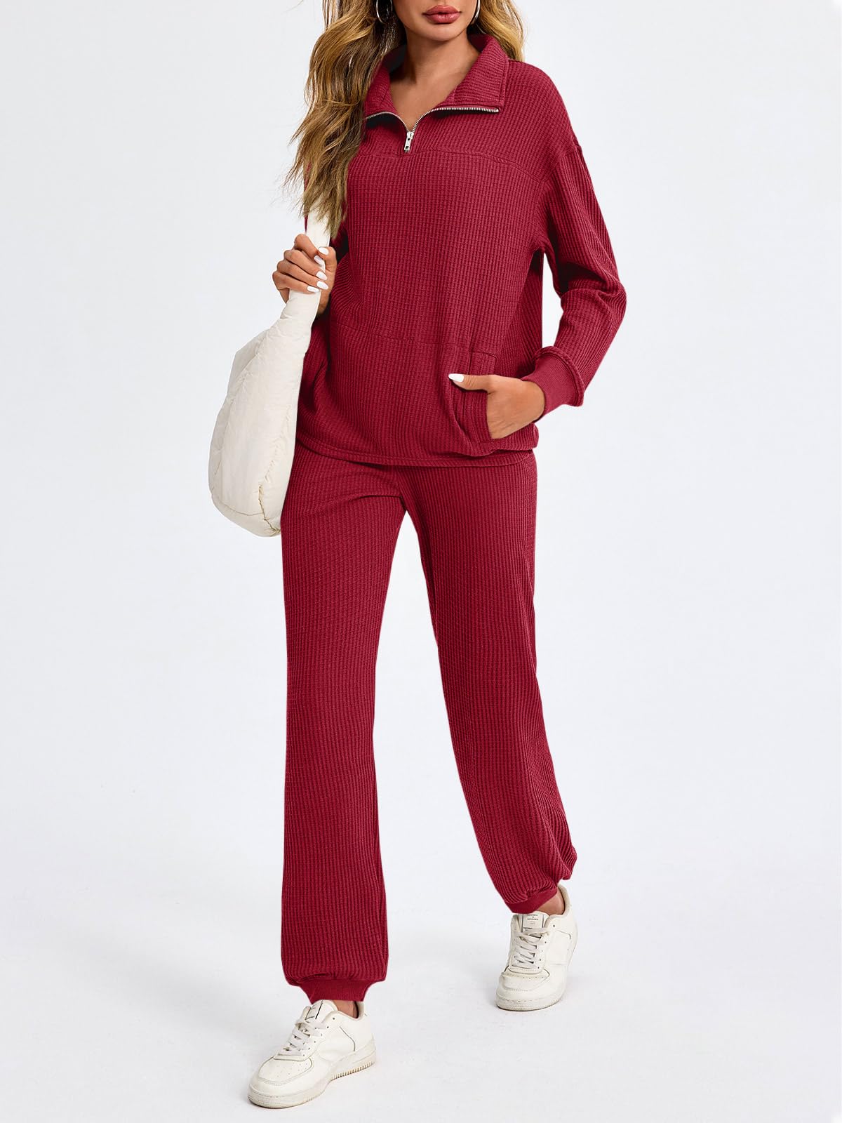 Women’s Waffle Knit Quarter Zip Tops and Jogger Pants 2 Piece Outfits(50% OFF today!!!)