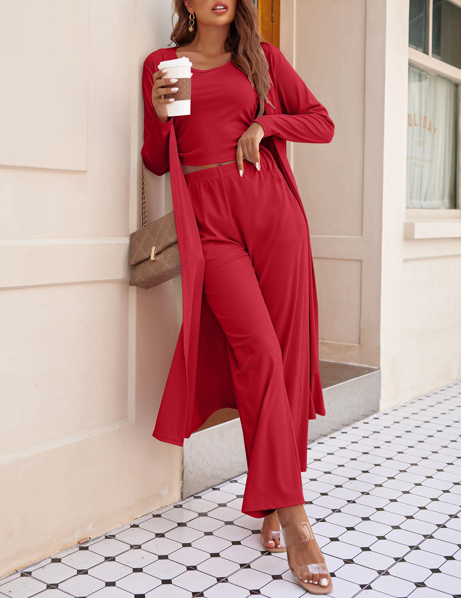 Women's 3 Piece Knit Lounge Set Pajama Long Sleeve Cardigan Sleeveless Top Pants Sweatsuit(Last day 50% OFF!!!)