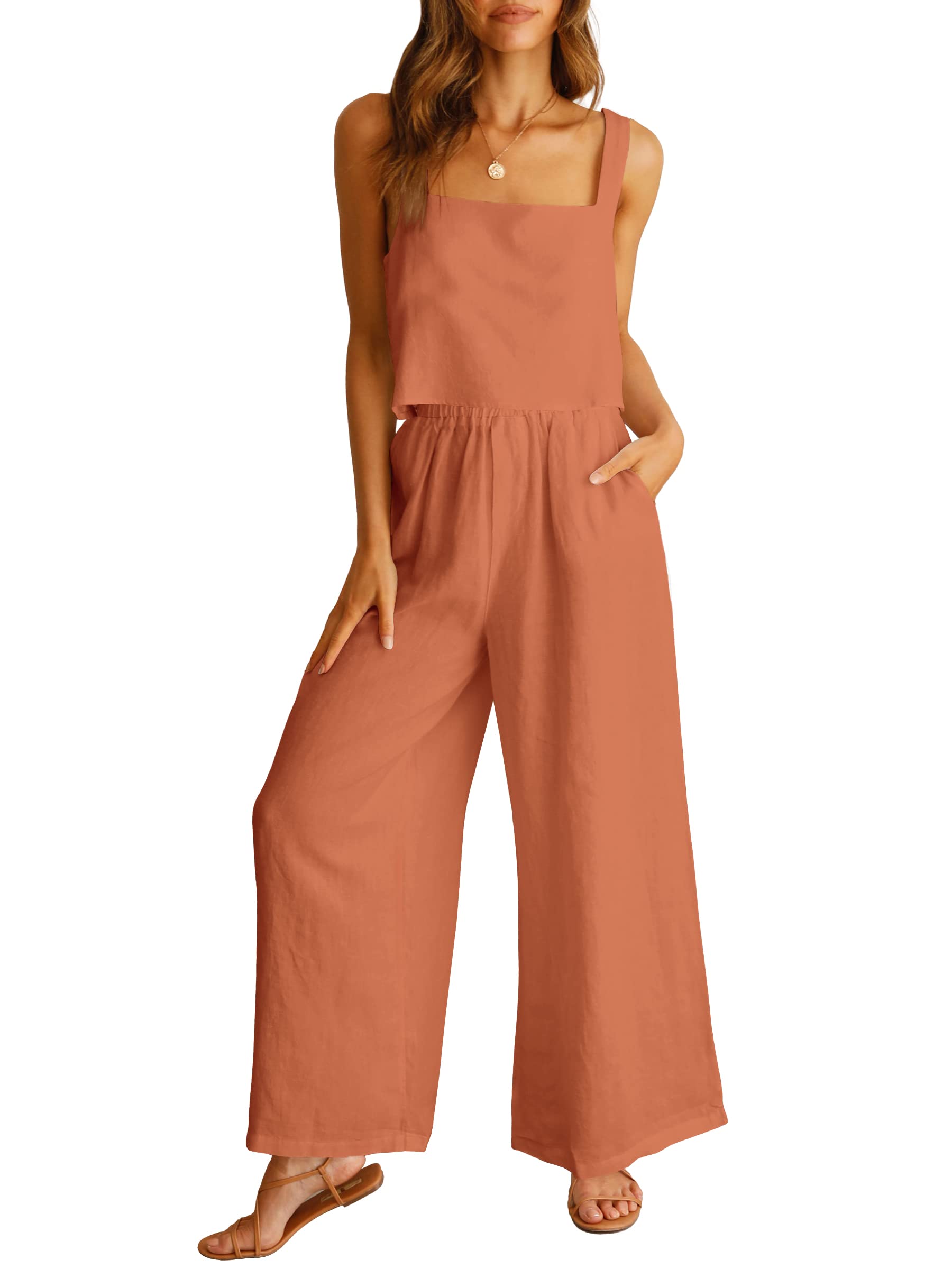 HOT SALE 🔥Women's 2 Piece Outfits Linen Tank Top Wide Leg Pants Lounge Set (BUY 2 FREE SHIPPING)