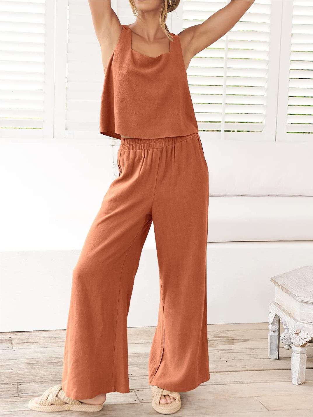 HOT SALE 🔥Women's 2 Piece Outfits Linen Tank Top Wide Leg Pants Lounge Set (BUY 2 FREE SHIPPING)