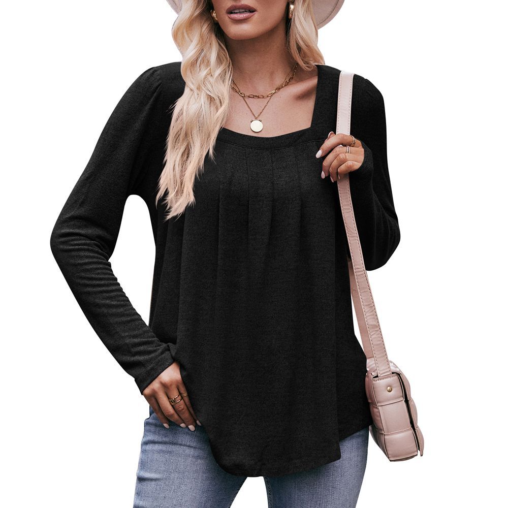 Women's Puff Sleeve Pleated Square Neck Long Sleeve Top