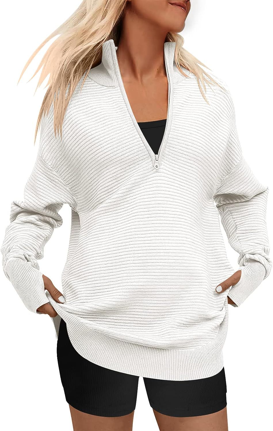 Women's Long Sleeve Half Zip Oversized Ribbed Knit Pullover Sweater（buy 2 free shipping）