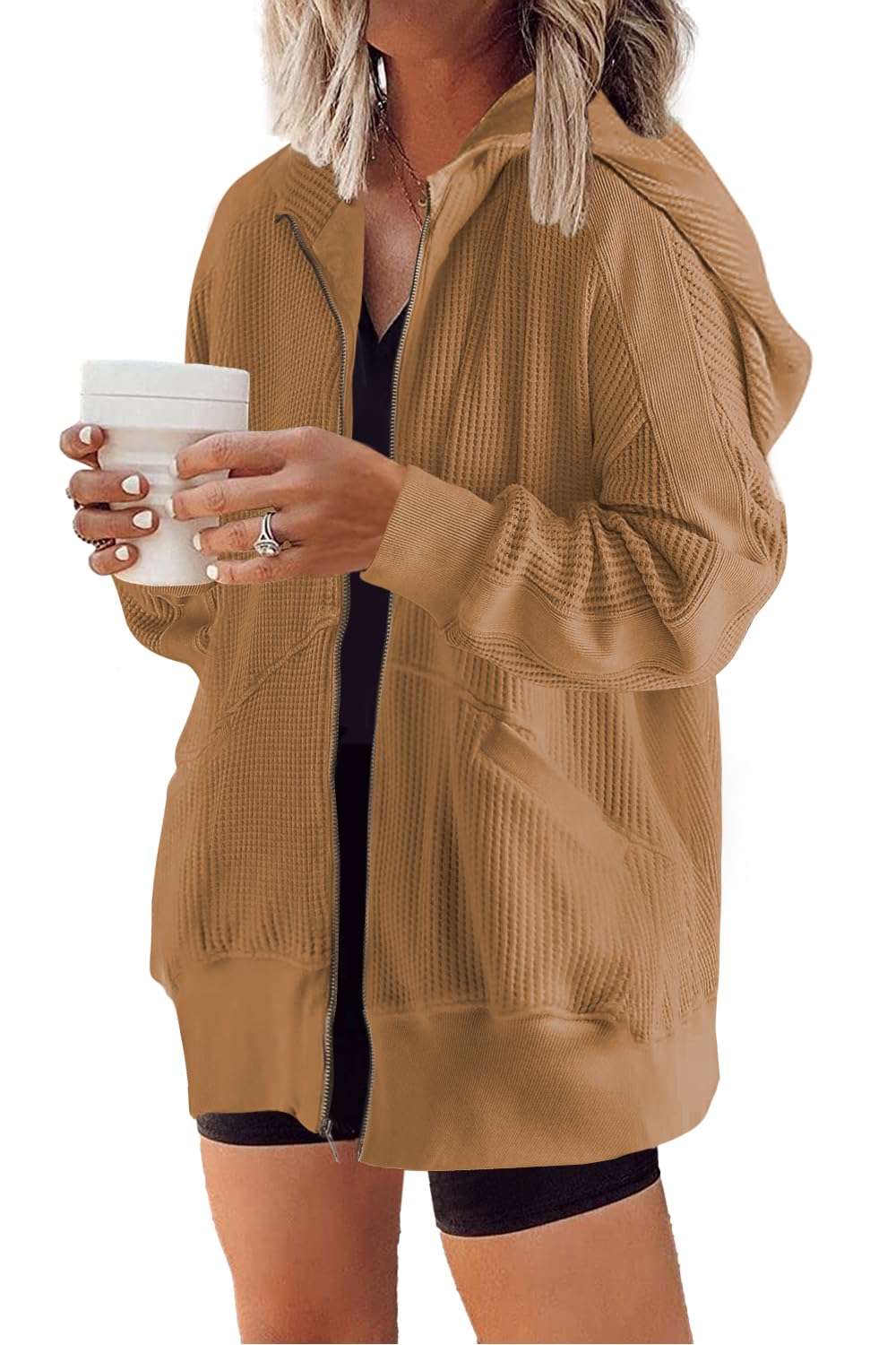 Women's Oversized Waffle Knit Zip Up Hoodie Jacket(Last day 40% OFF!!)