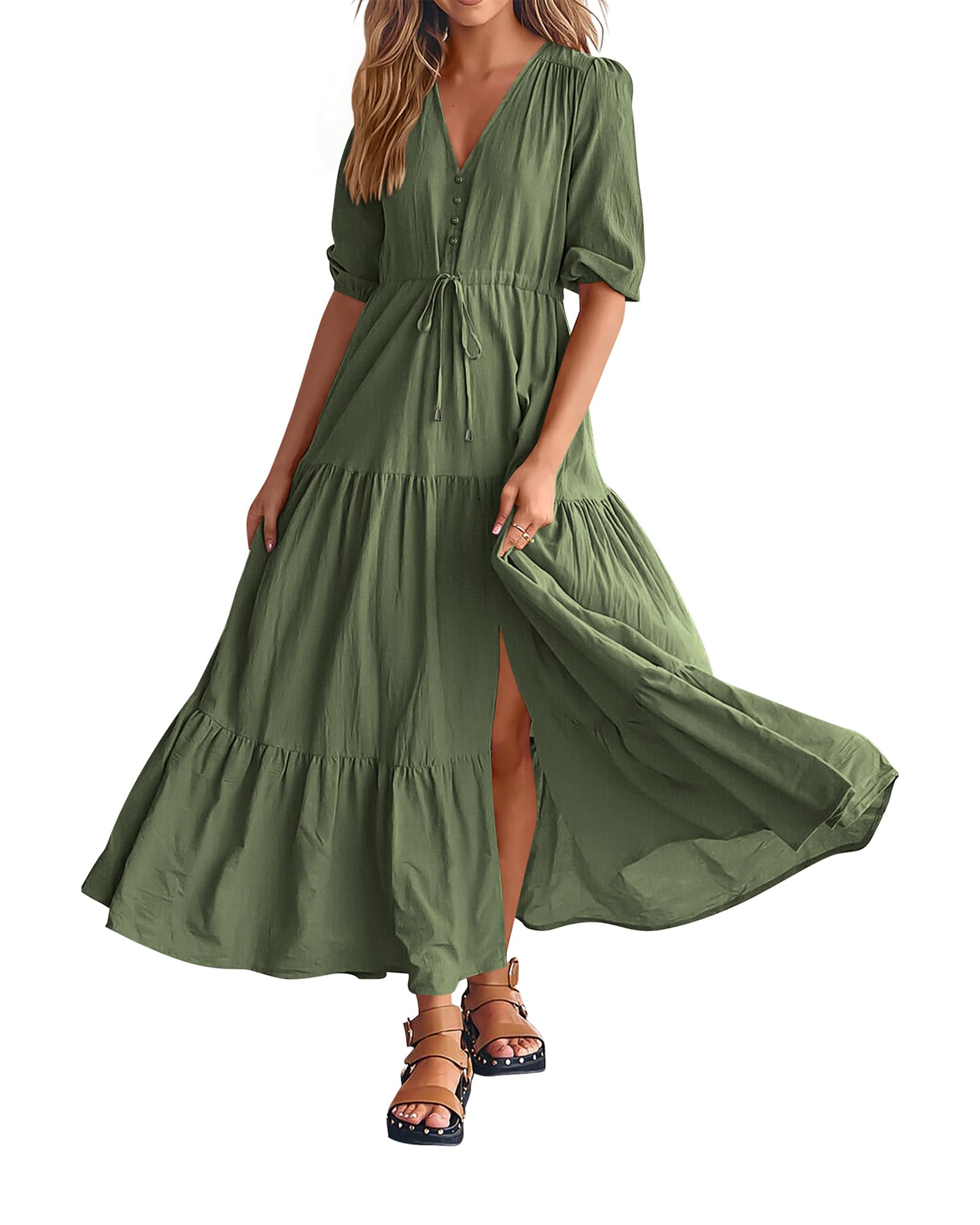 2024 Women's Short Sleeves V Neck Button Drawstring Boho Long Dresses（BUY 2 FREE SHIPPING）