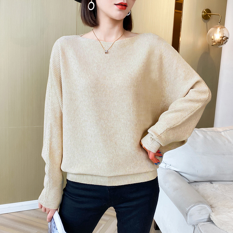 Women's Boat Neck Batwing Sleeves Knitted Sweaters