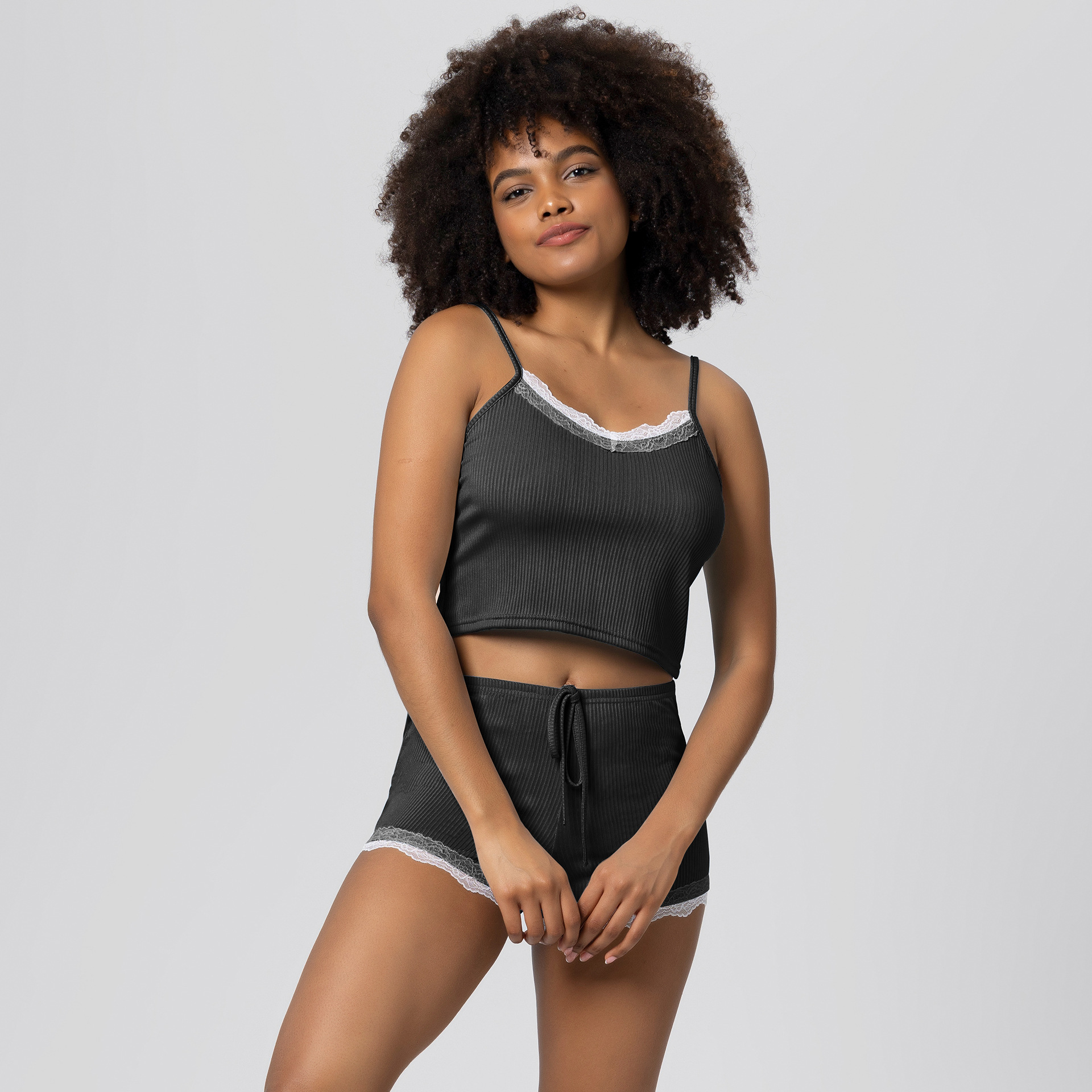 Draped Cool Lace Trim Suspenders Set Long & Short Pants