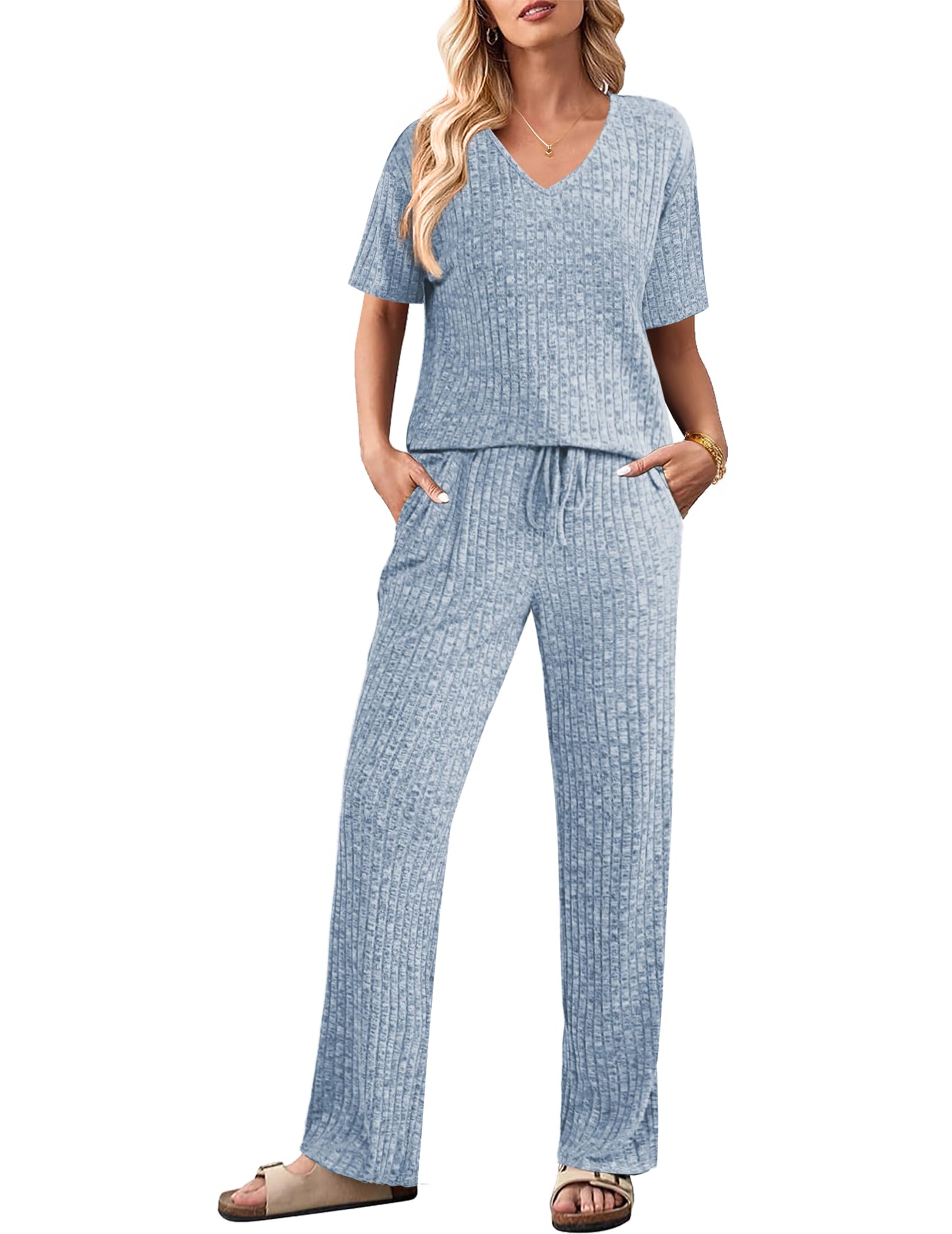 🔥Christmas hot🔥Women's Short Sleeve Ribbed Knit Lounge Set(Last day 50% OFF!!!)