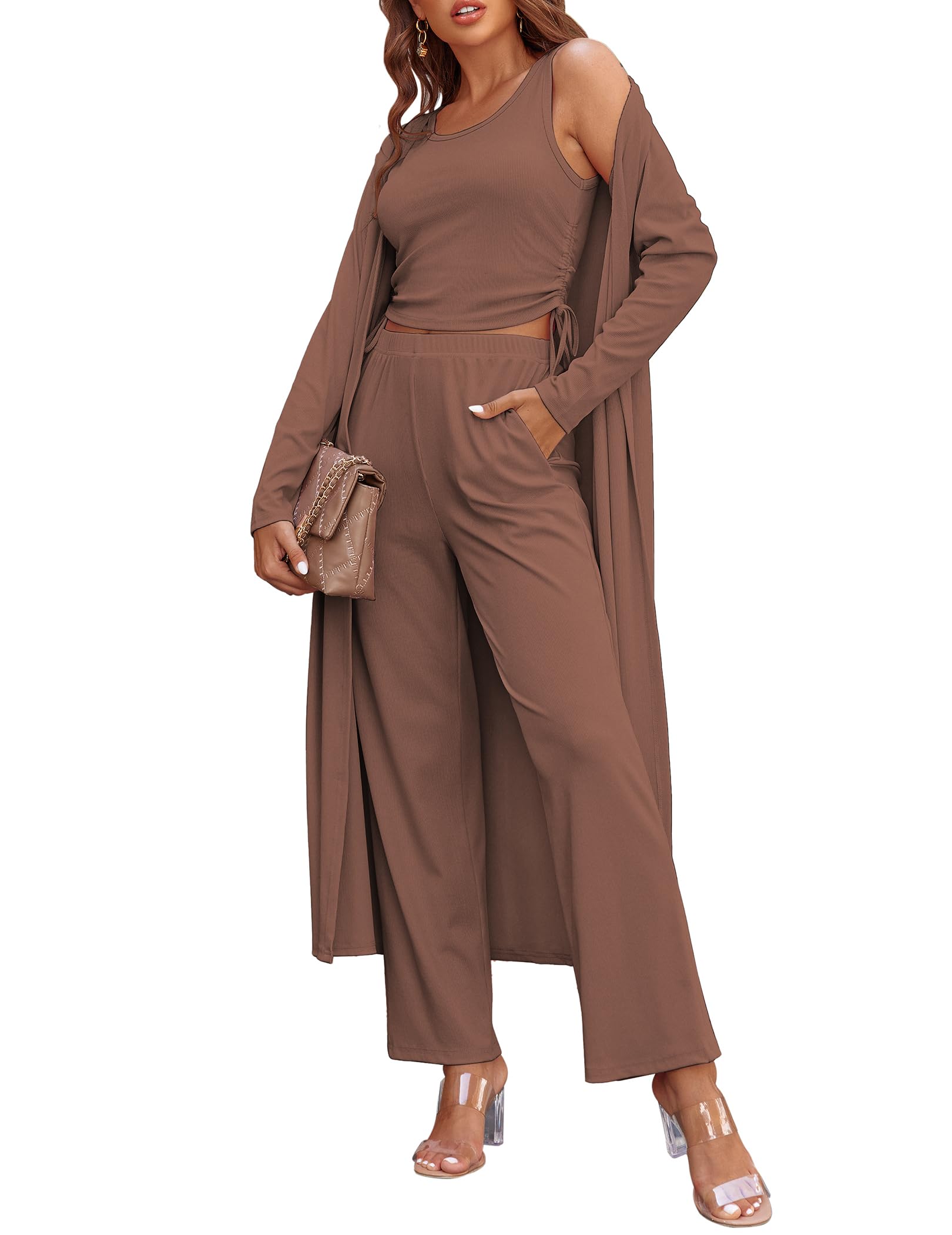 Women's 3 Piece Knit Lounge Set Pajama Long Sleeve Cardigan Sleeveless Top Pants Sweatsuit(Last day 50% OFF!!!)