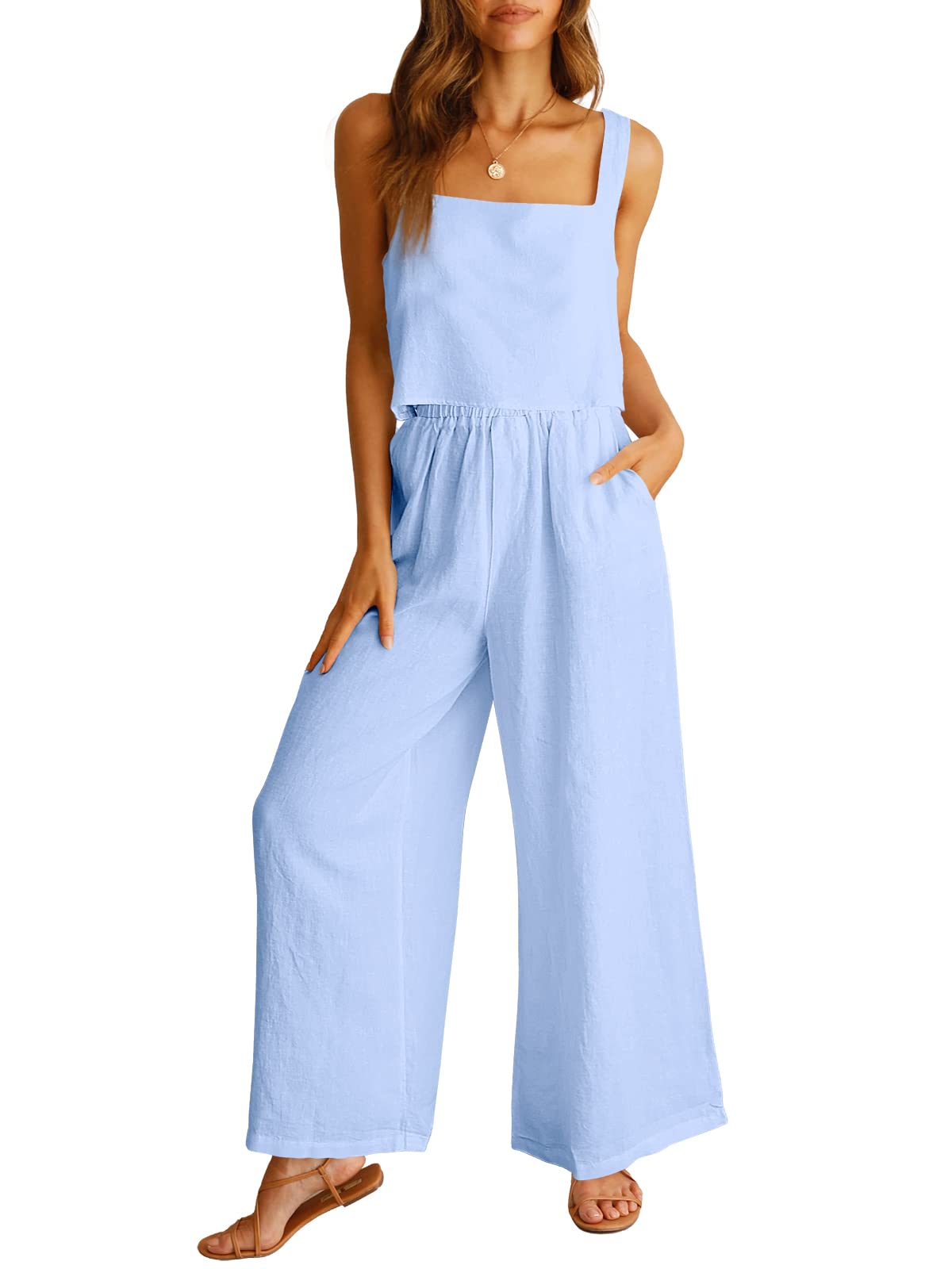 HOT SALE 🔥Women's 2 Piece Outfits Linen Tank Top Wide Leg Pants Lounge Set (BUY 2 FREE SHIPPING)