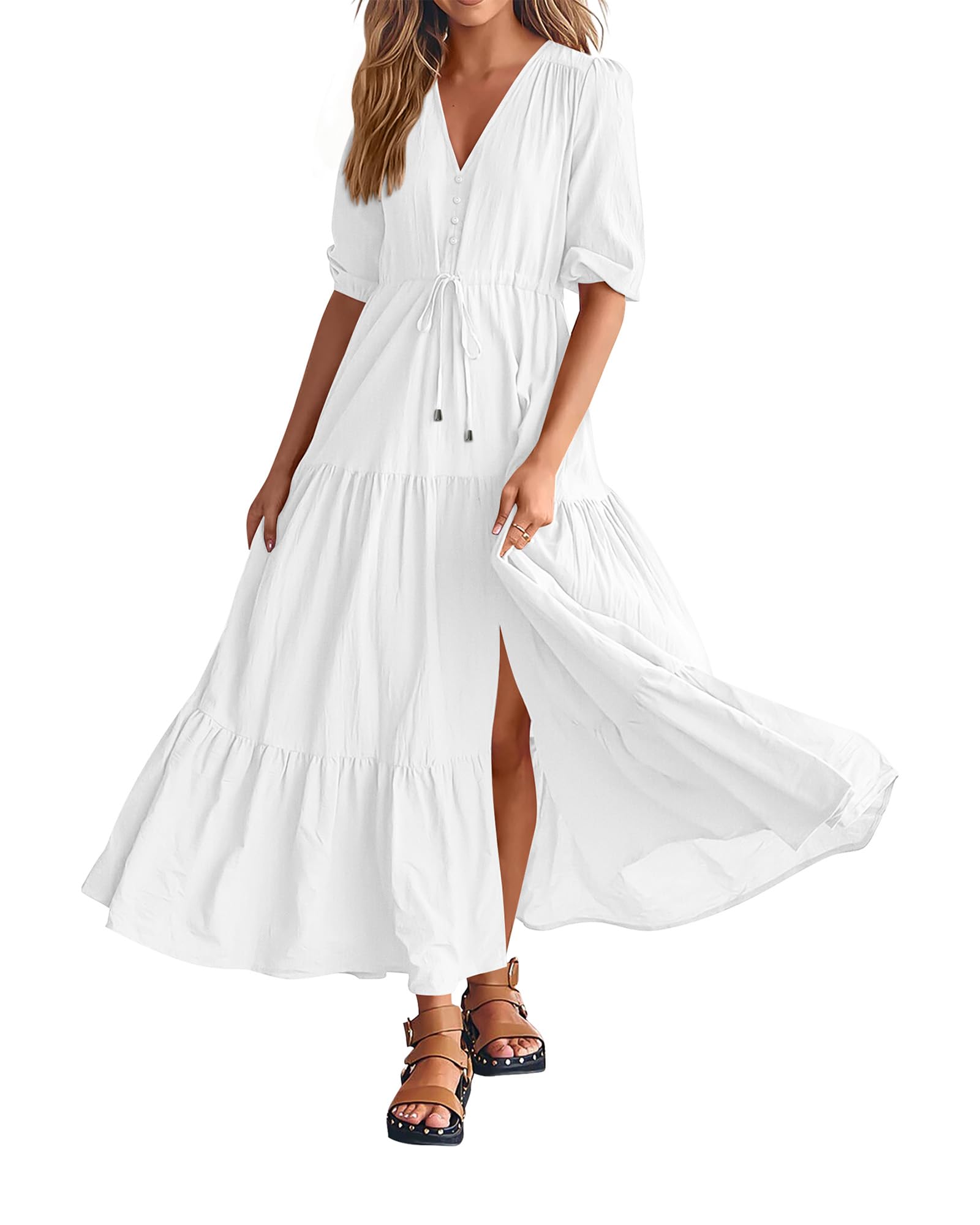 2024 Women's Short Sleeves V Neck Button Drawstring Boho Long Dresses（BUY 2 FREE SHIPPING）
