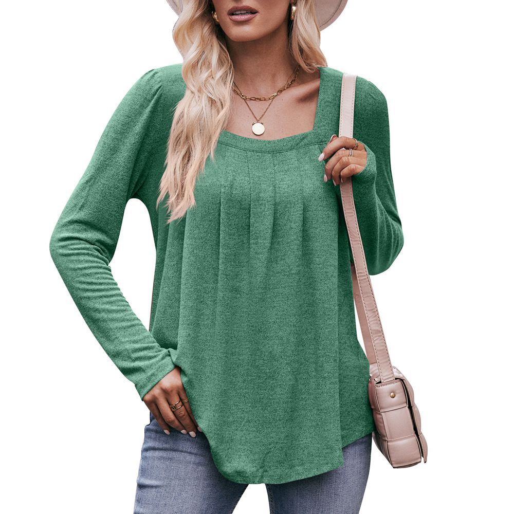 Women's Puff Sleeve Pleated Square Neck Long Sleeve Top