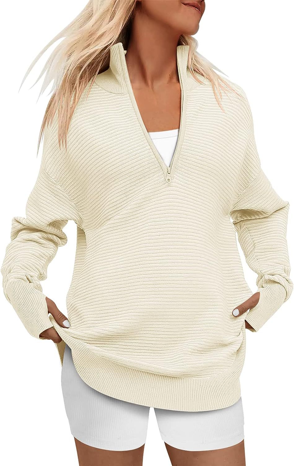 Women's Long Sleeve Half Zip Oversized Ribbed Knit Pullover Sweater（buy 2 free shipping）
