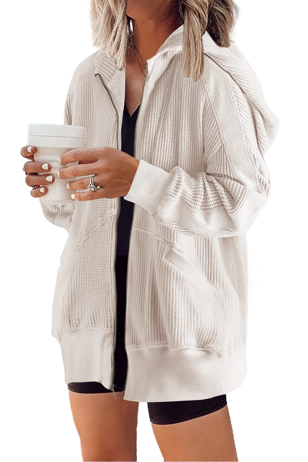 Women's Oversized Waffle Knit Zip Up Hoodie Jacket(Last day 40% OFF!!)