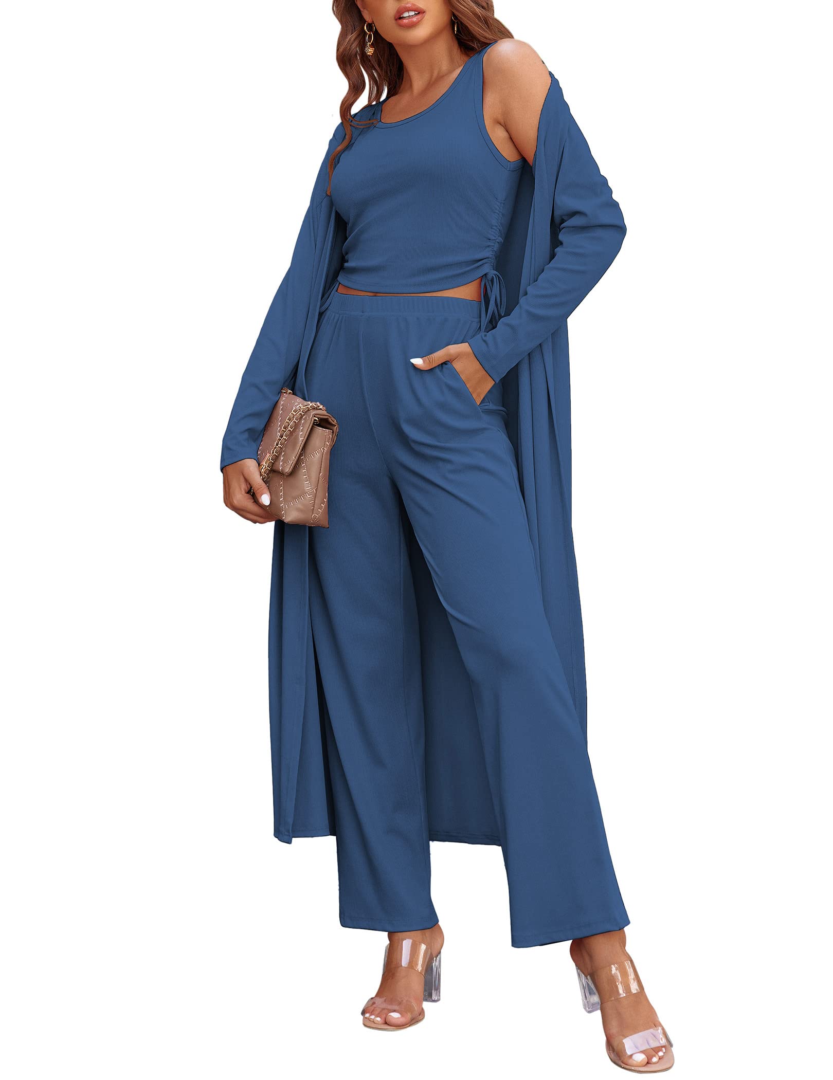 Women's 3 Piece Knit Lounge Set Pajama Long Sleeve Cardigan Sleeveless Top Pants Sweatsuit(Last day 50% OFF!!!)