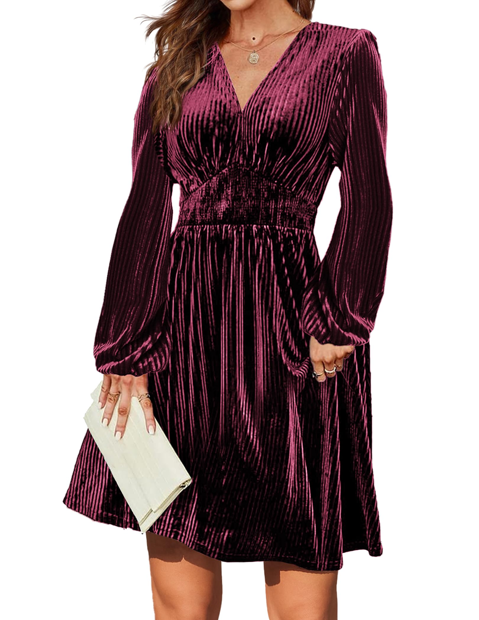 Women's Velvet V-neck Long Sleeve Stretch Mini Party Cocktail Flared Dress(buy 2 10% OFF)