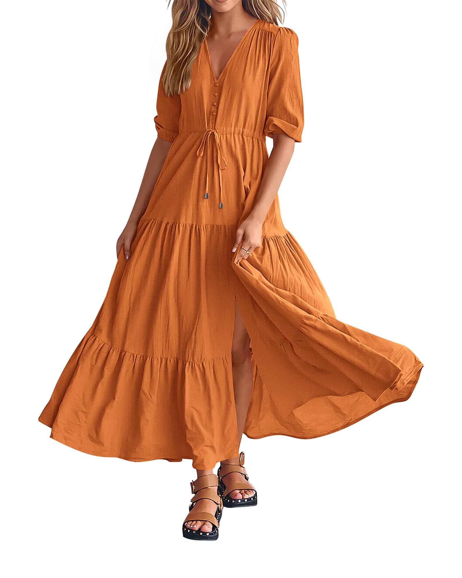 2024 Women's Short Sleeves V Neck Button Drawstring Boho Long Dresses（BUY 2 FREE SHIPPING）