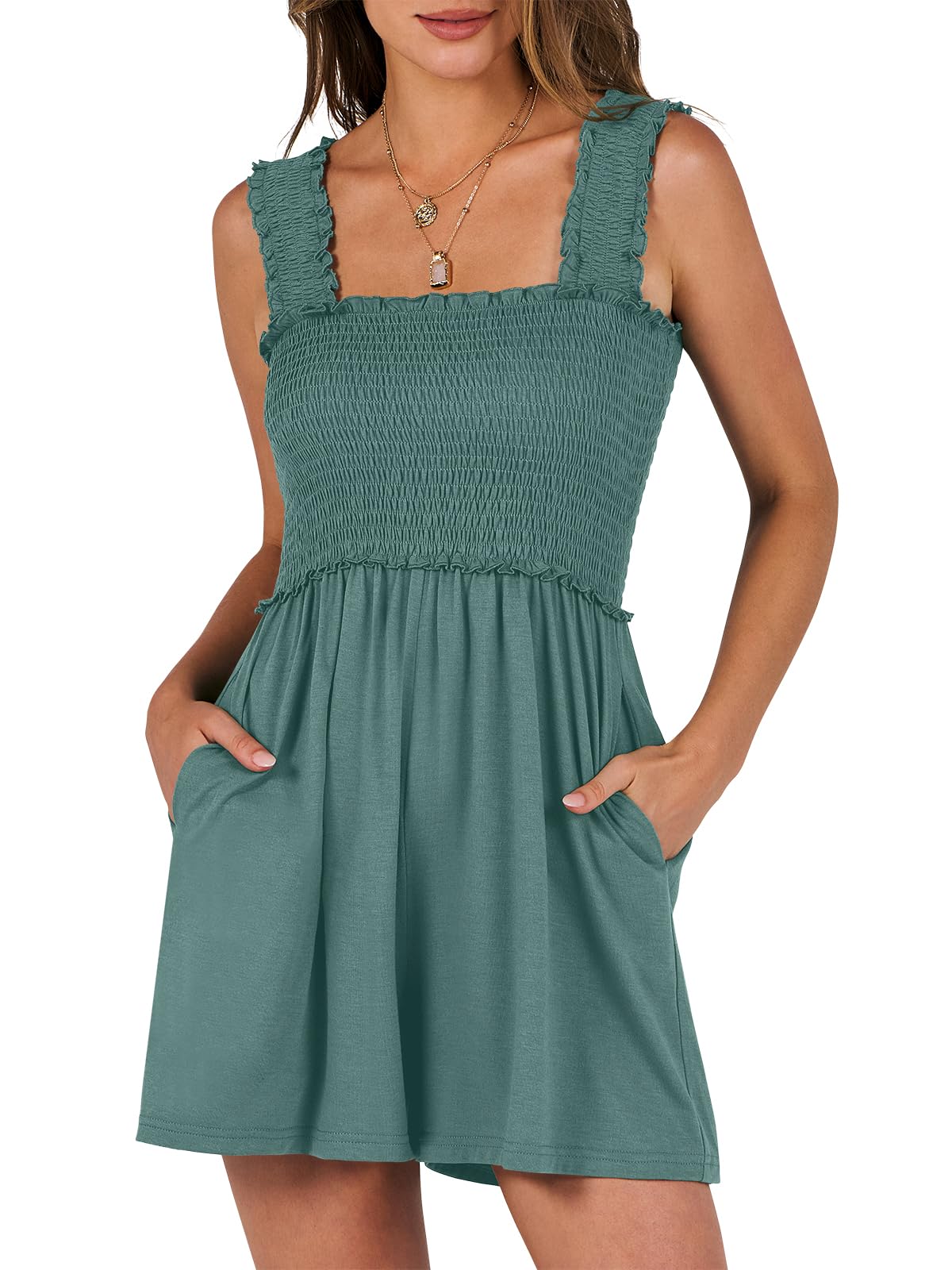 ⏰Hot Sale-Women's Square Neck Sleeveless Summer Rompers with Pockets (Buy 2 Free Shipping)